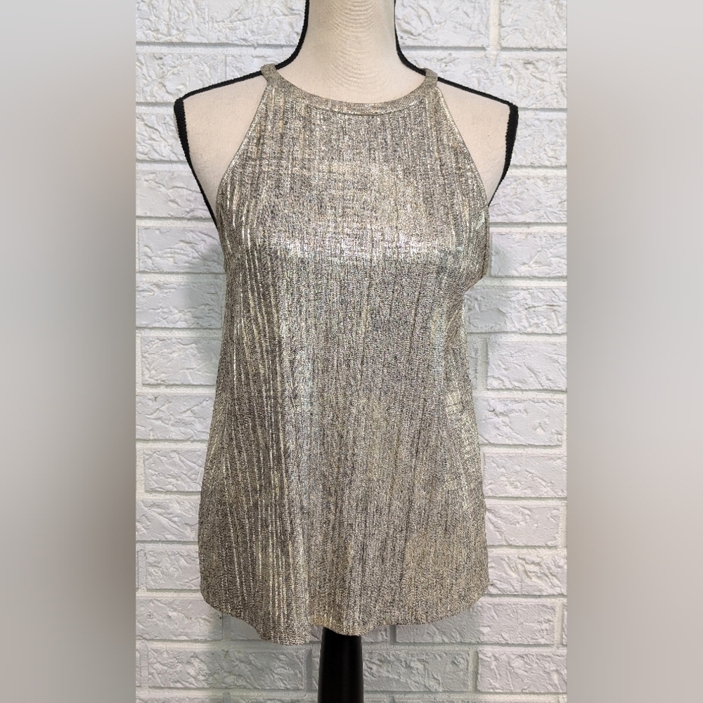 Anthropologie Moulinette Soeurs Shine On Metallic Tank Top S High Neck Stretchy - Picture 2 of 12